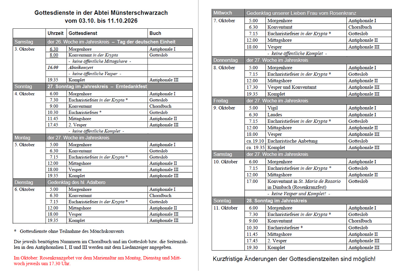 Übersicht mit Gebets- und Gottesdienstzeiten vom 3. bis zum 11. Oktober 2026