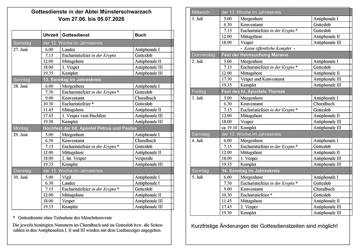 Übersicht mit Gebets- und Gottesdienstzeiten vom 27. Juni bis zum 5. Juli 2026