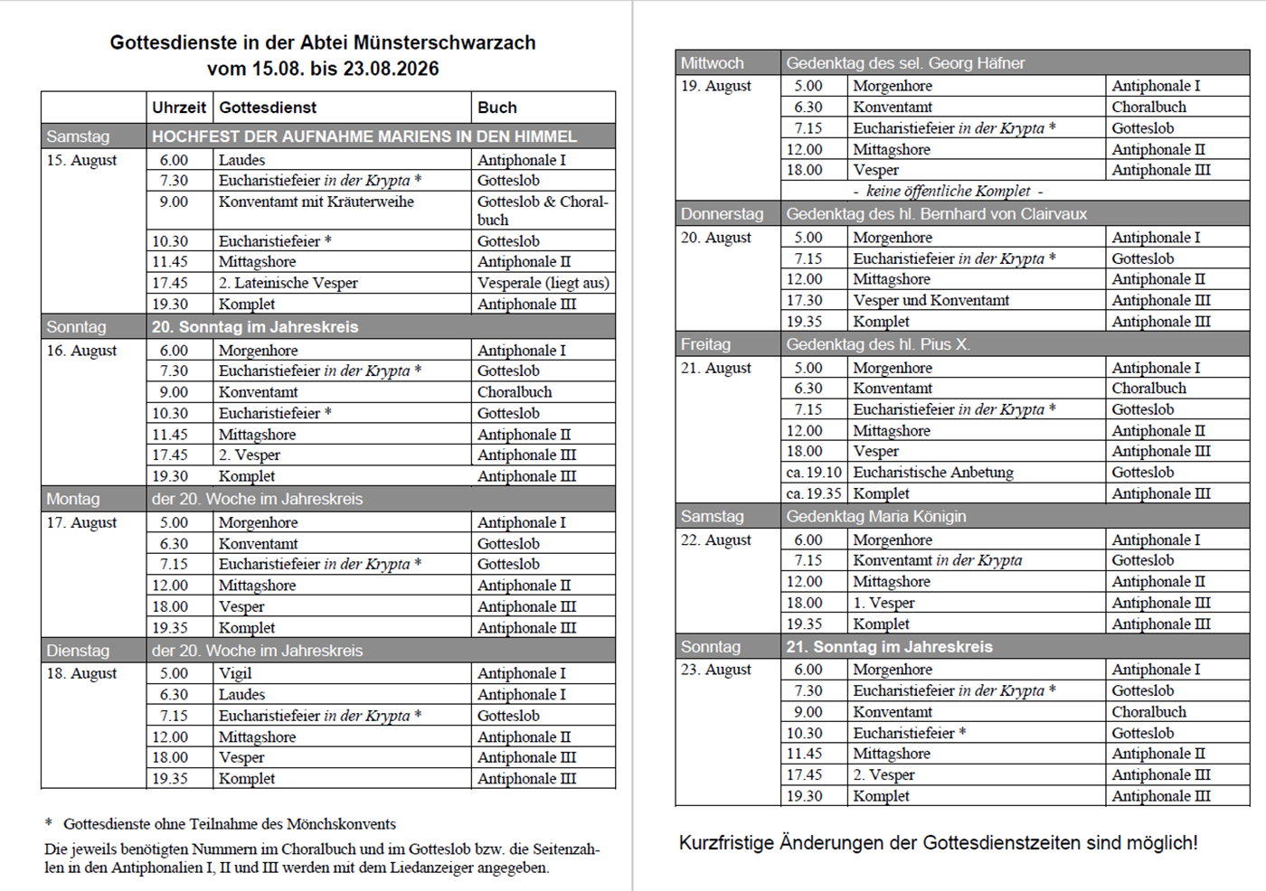 Übersicht mit Gebets- und Gottesdienstzeiten vom 15. bis zum 23. August2026