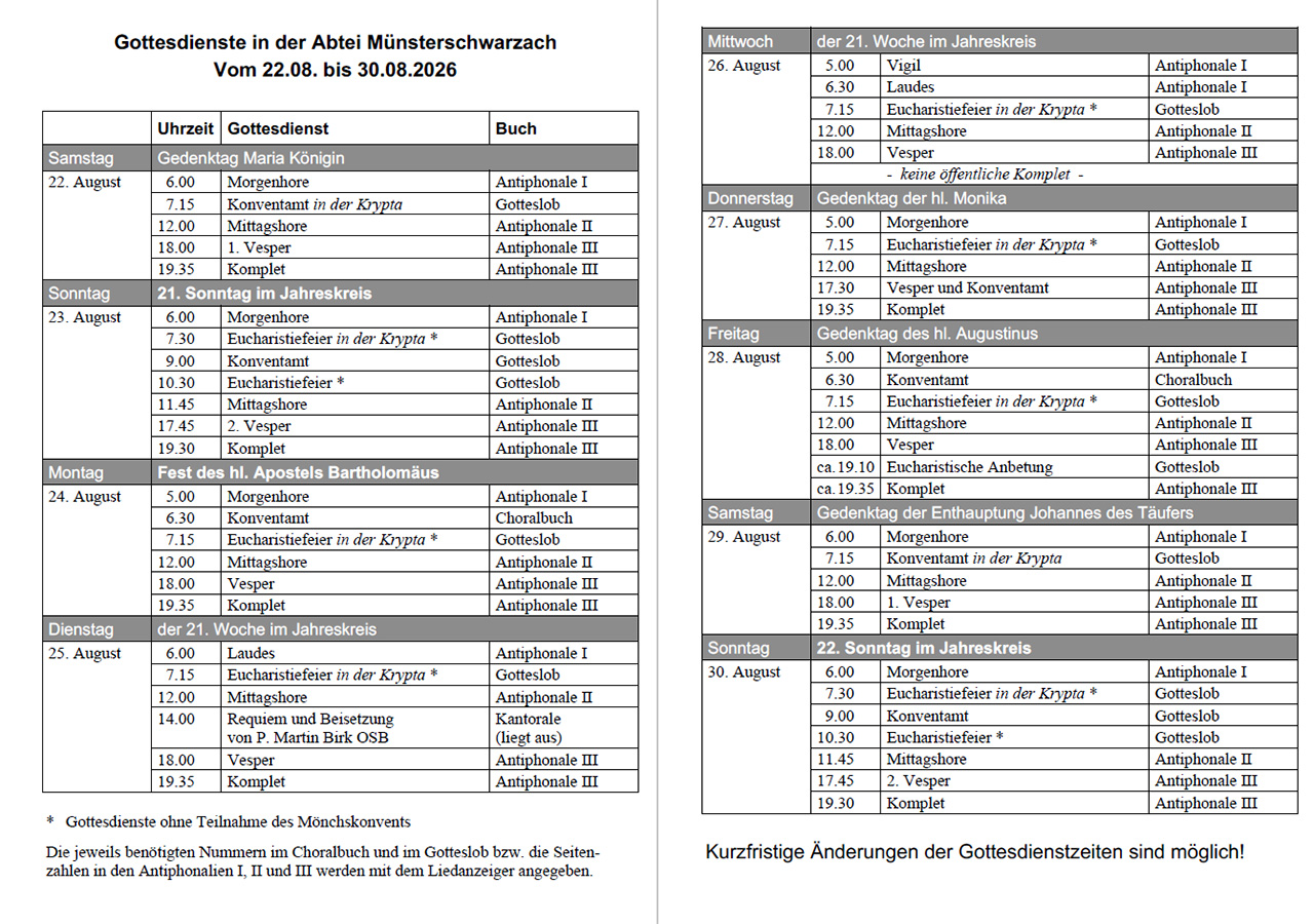Übersicht mit Gebets- und Gottesdienstzeiten vom 22. bis zum 30. August 2026