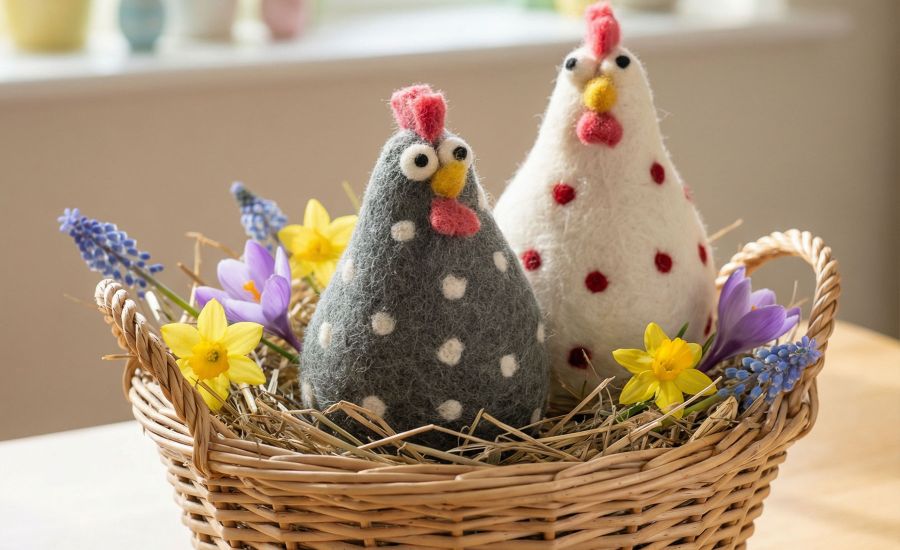 Ein weißes und ein graues Filzhuhn in einem Osternest